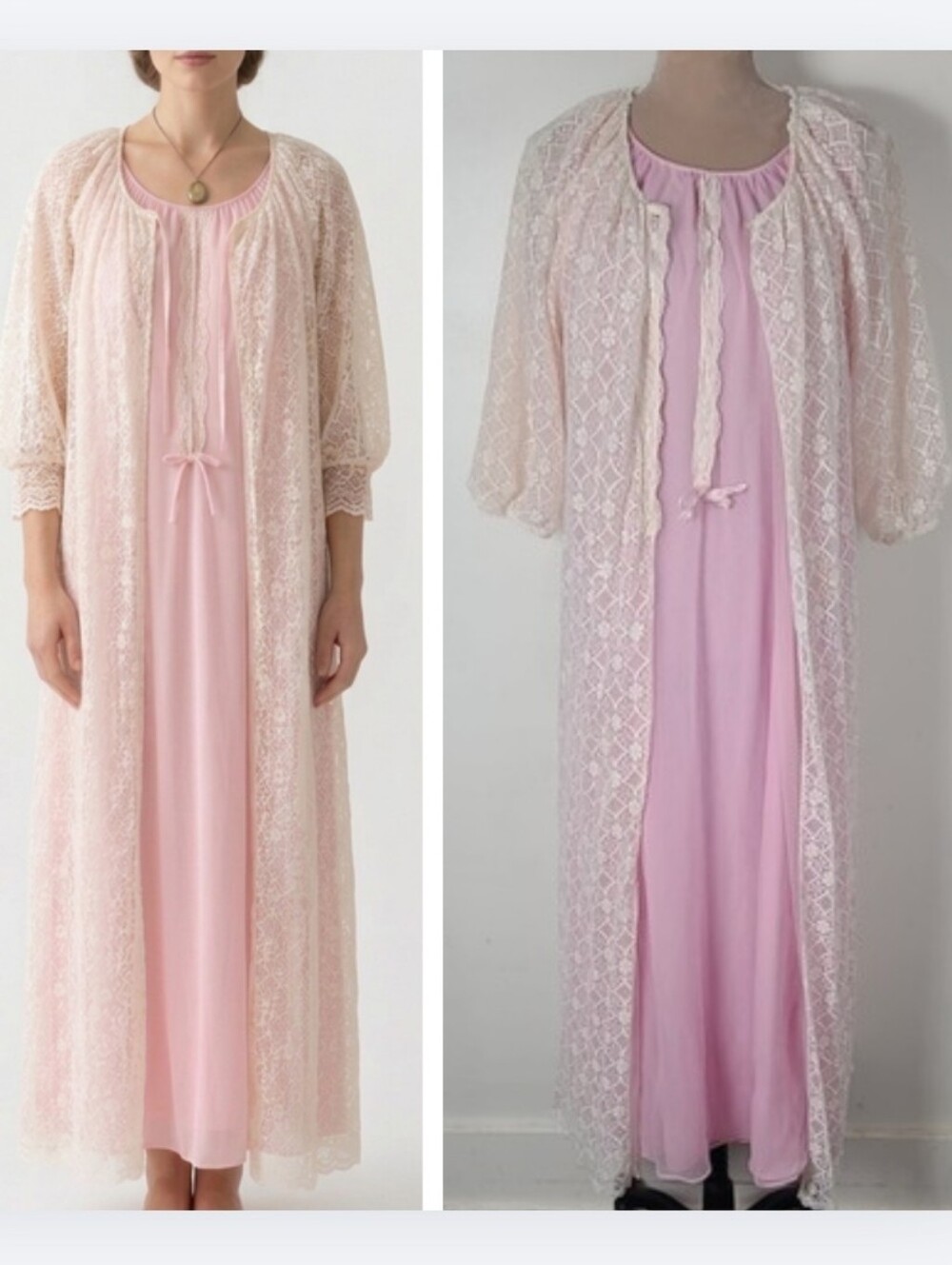 Vtg MCM ILGWU 2-Piece Pink & Cream Sheer Lace Peignoir & Nylon Nightgown Set M